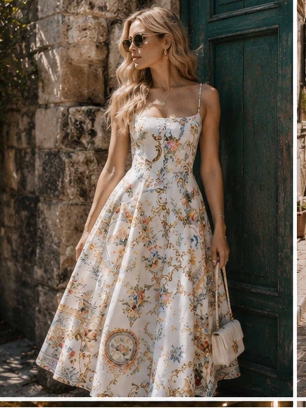 Camilla White Floral-Print Midi Dress with Spaghetti Straps